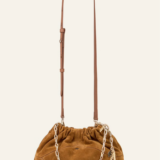 deep tan suede small bucket style bag with bag charm from ba&sh with longer strap 