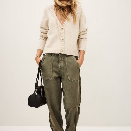 beige v neck wool mix cardigan with 3 gold buttons, rib detailing and a boxy fit from ba&sh model shot