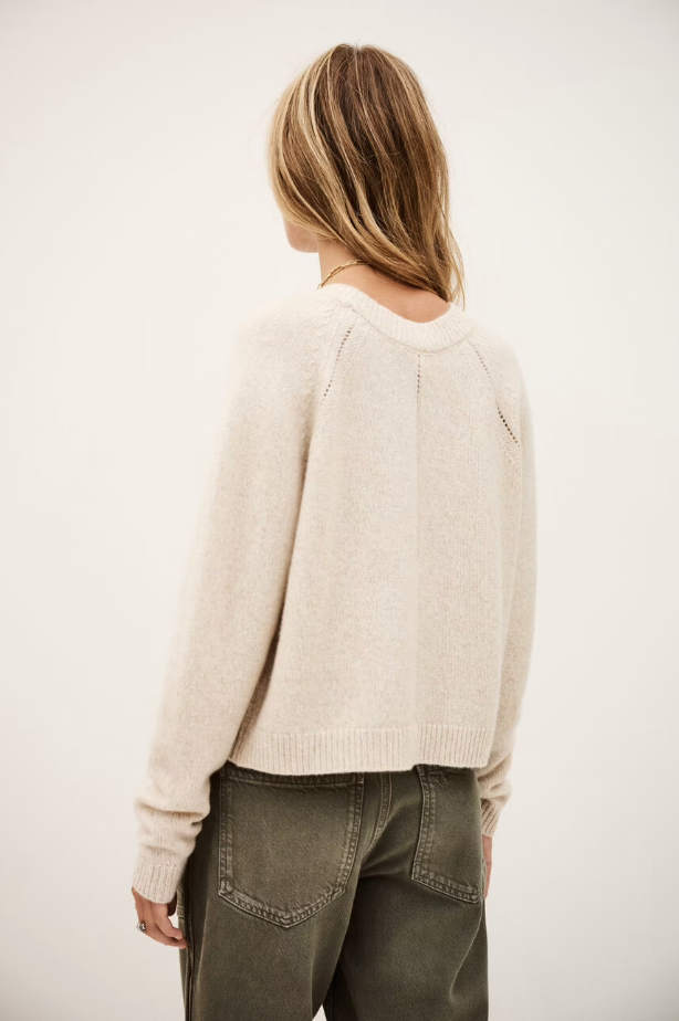 beige v neck wool mix cardigan with 3 gold buttons, rib detailing and a boxy fit from ba&sh rear view