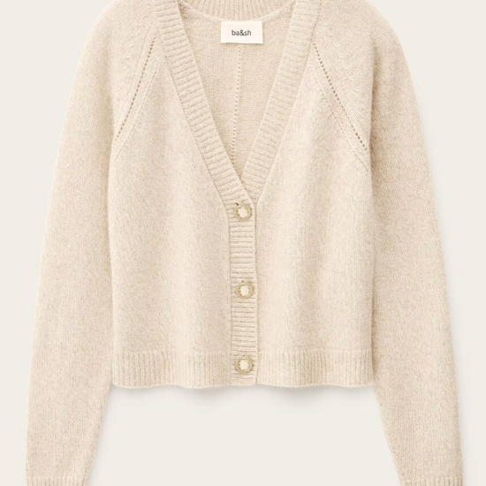 beige v neck wool mix cardigan with 3 gold buttons, rib detailing and a boxy fit from ba&sh