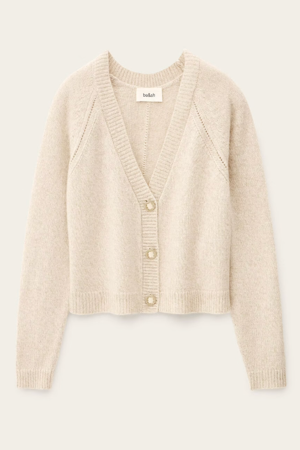 beige v neck wool mix cardigan with 3 gold buttons, rib detailing and a boxy fit from ba&sh
