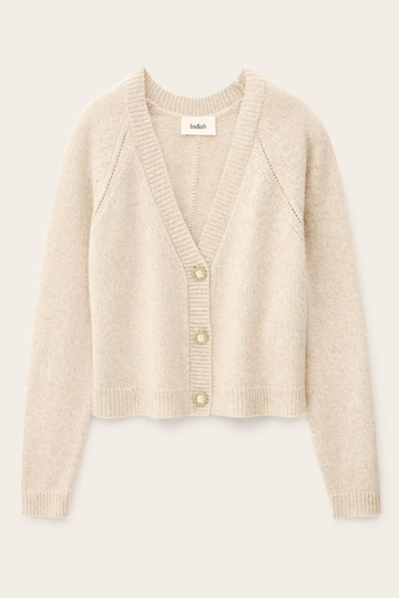 beige v neck wool mix cardigan with 3 gold buttons, rib detailing and a boxy fit from ba&sh