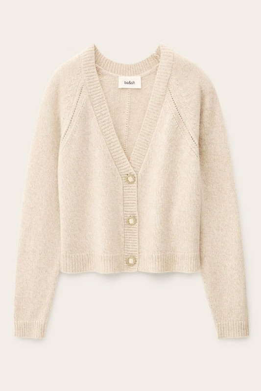 beige v neck wool mix cardigan with 3 gold buttons, rib detailing and a boxy fit from ba&sh