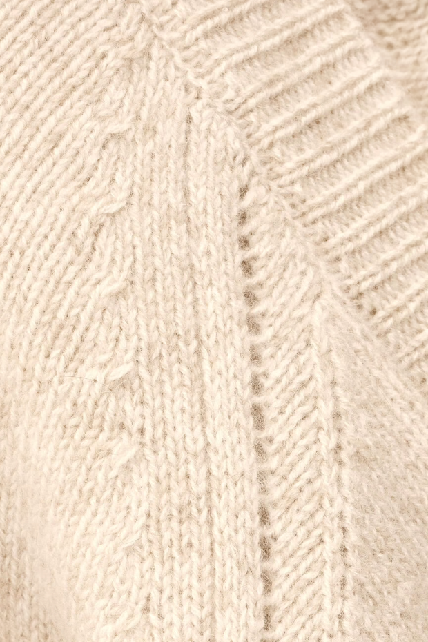 beige v neck wool mix cardigan with 3 gold buttons, rib detailing and a boxy fit from ba&sh close up of fabric