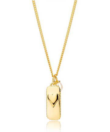 rectangular gold pendant with heart on one side and glimmer written on the other with pearl from claudia bradby