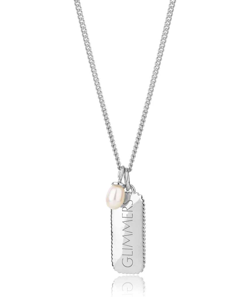 silver rectangular pendant necklace with heart on one side and glimmers on the reverse form claudia bradby