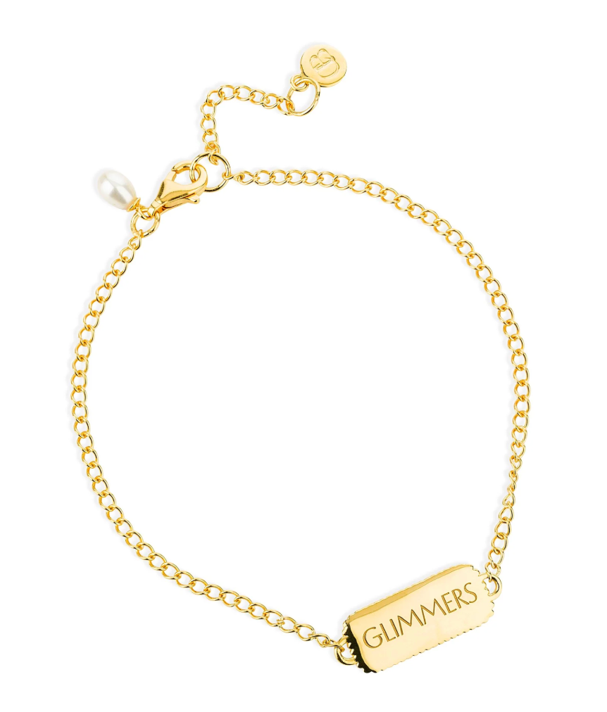 rectangular pendant bracelet with heart on one side and glimmers written on the other with a gold chain, lobster clasp and pearl form claudia bradby reverse side