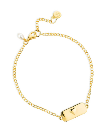 rectangular pendant bracelet with heart on one side and glimmers written on the other with a gold chain, lobster clasp and pearl form claudia bradby