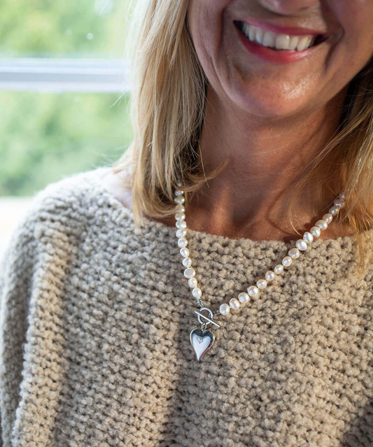 pearl toggle necklace with silver heart from claudia bradby model shot