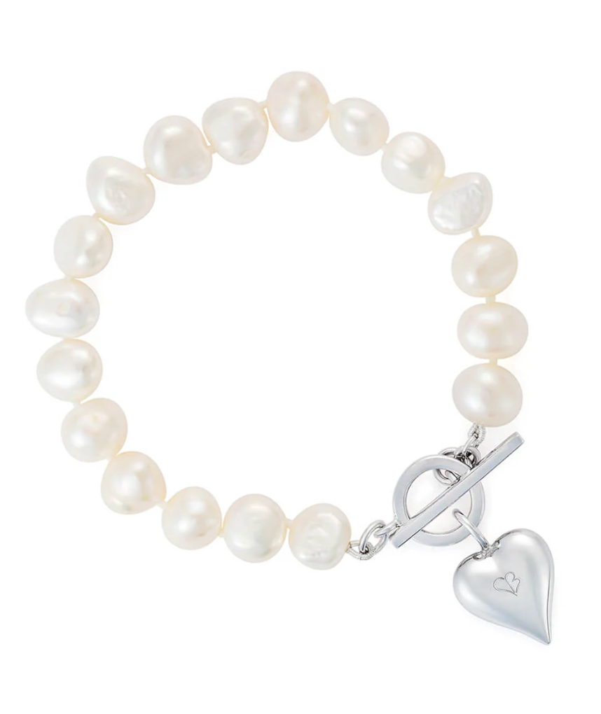 pearl bracelet with toggle clasp and silver heart from claudia bradby