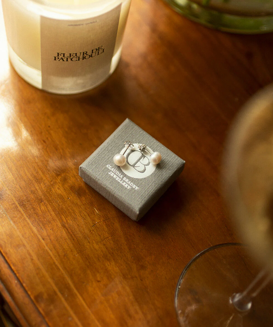 small white pearl earrings from claudia bradby