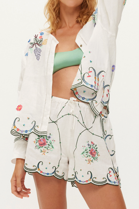 white linen embroidered shorts from me369