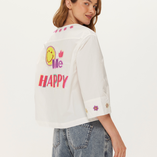 round neck white linen shirt/jacket with embroidered detail at the rear from me369