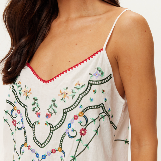 v neck spaghetti strap white linen cami  dress with embroidered detailing