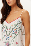 v neck spaghetti strap white linen cami  dress with embroidered detailing