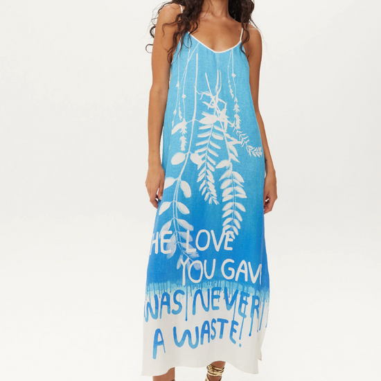 spaghetti strap cami linen slip dress in a blue print