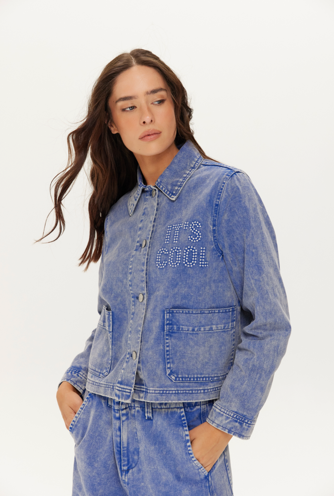  indigo washed denim jacket with 2 patch pockets and it's cool stud work