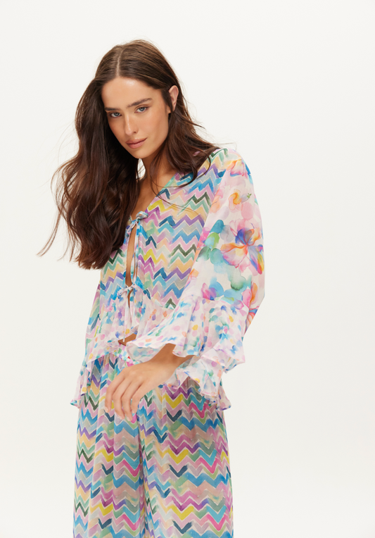 ruffle tie front blouse with zig zag blouse in bright colours