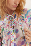 ruffle blouse with tie neck and zig zag colourful print