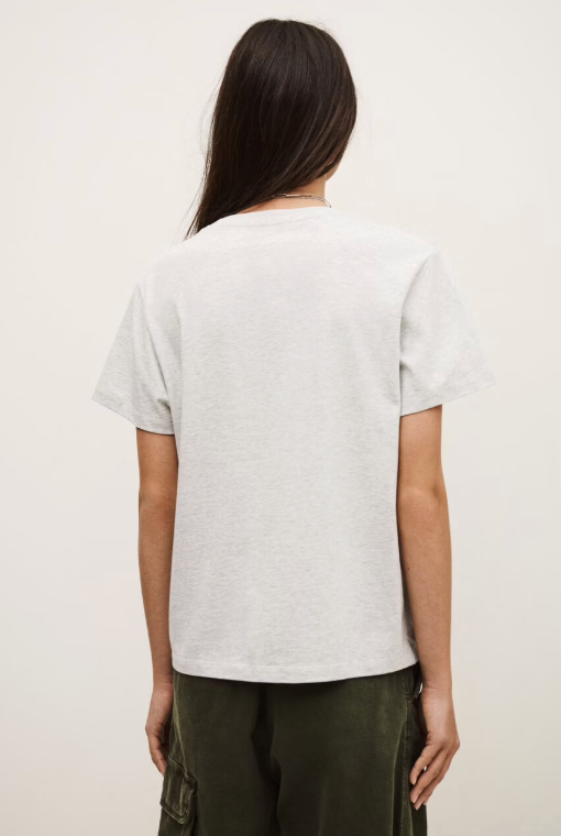 short sleeve light grey t shirt with dark navy bash on the front rear 