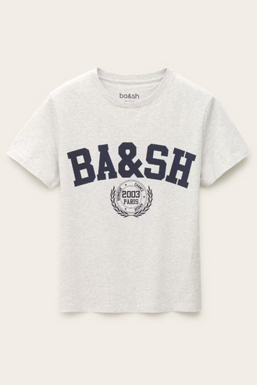 short sleeve light grey t shirt with dark navy bash on the front