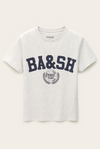 short sleeve light grey t shirt with dark navy bash on the front