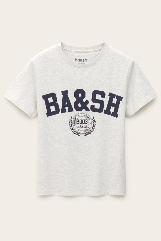 short sleeve light grey t shirt with dark navy bash on the front