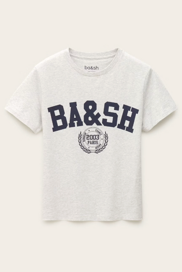 short sleeve light grey t shirt with dark navy bash on the front