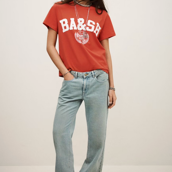 ned tshirt with white bash on the front  model