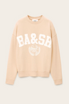 light pink long sleeve sweatshirt with white bash on the front
