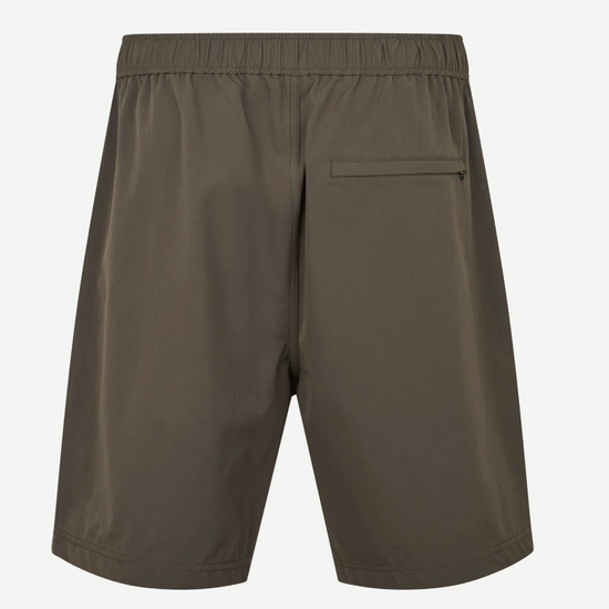 Olive green shorts from the rear on a white background