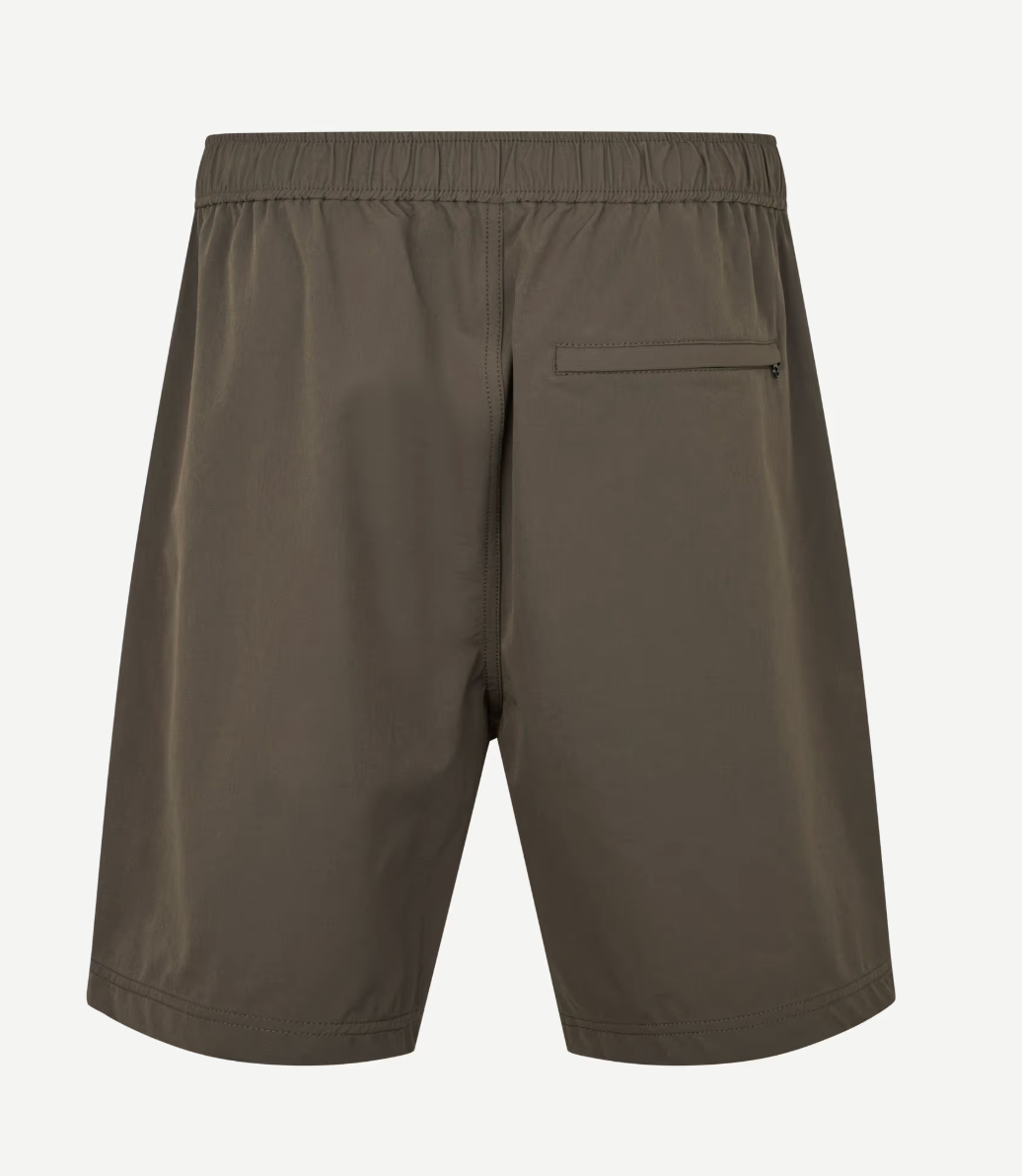 Olive green shorts from the rear on a white background