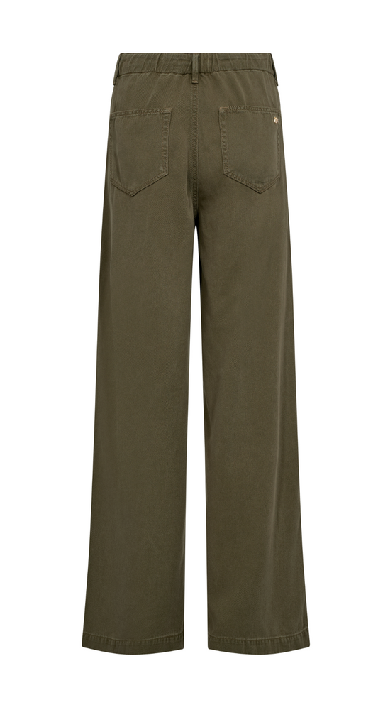 wide leg khaki green lightweight trousers with drawstring and tie at waist from mos mosh rear