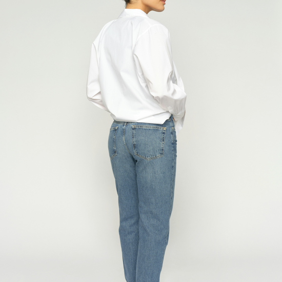 light blue denim straight leg jeans  model rear