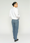 light blue denim straight leg jeans  model rear