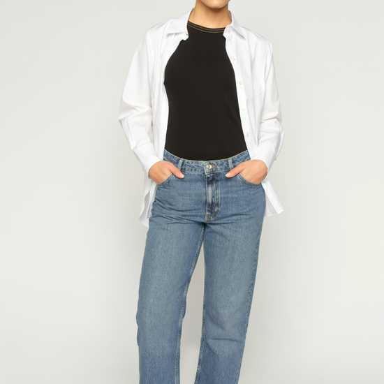 light blue denim straight leg jeans  model