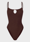 Brown full body swimsuit with keyhole detailing on white background