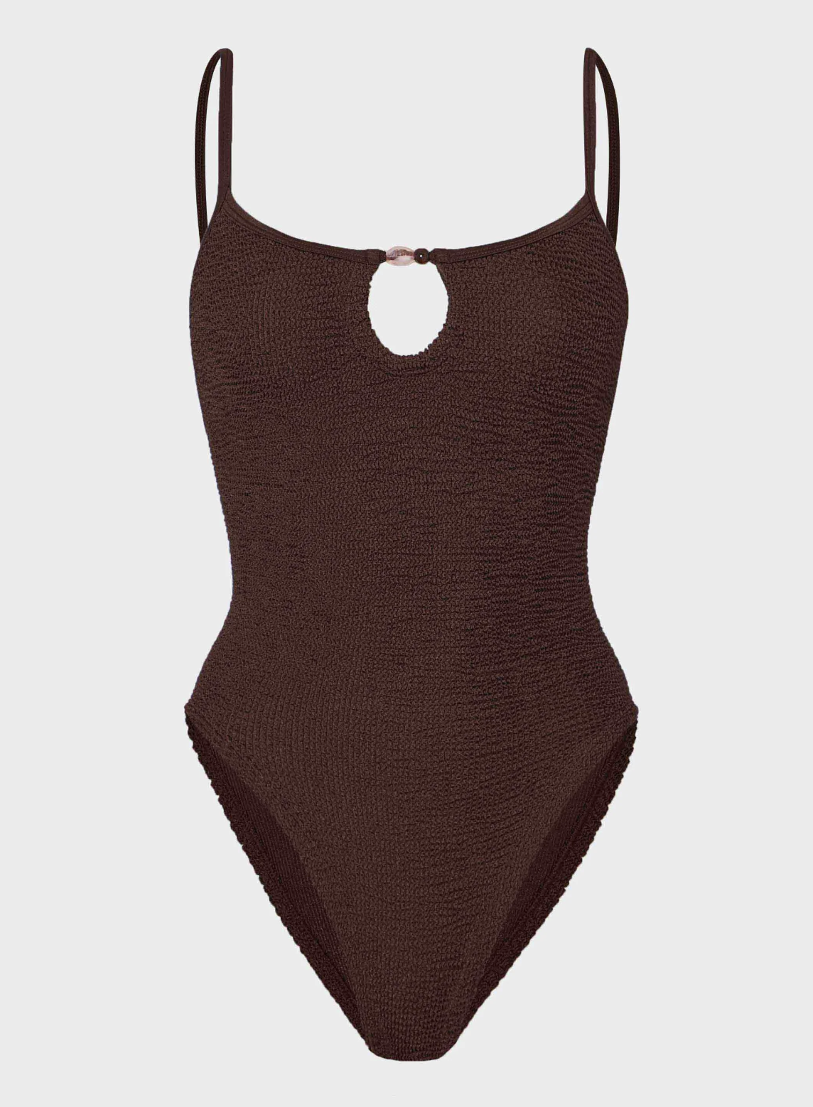 Brown full body swimsuit with keyhole detailing on white background