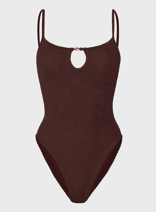 Brown full body swimsuit with keyhole detailing on white background
