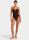 Brown full body swimsuit with keyhole on model on white bcakground