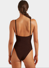 Brown swimsuit on model from the rear on white background 