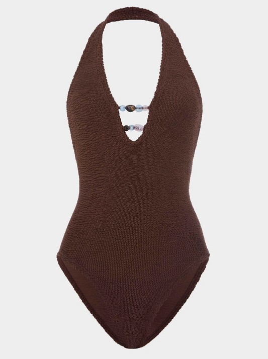Adriana Beaded Swimsuit Metallic Chocolate