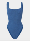Square Neck Crinkle Swimsuit Metallic Denim