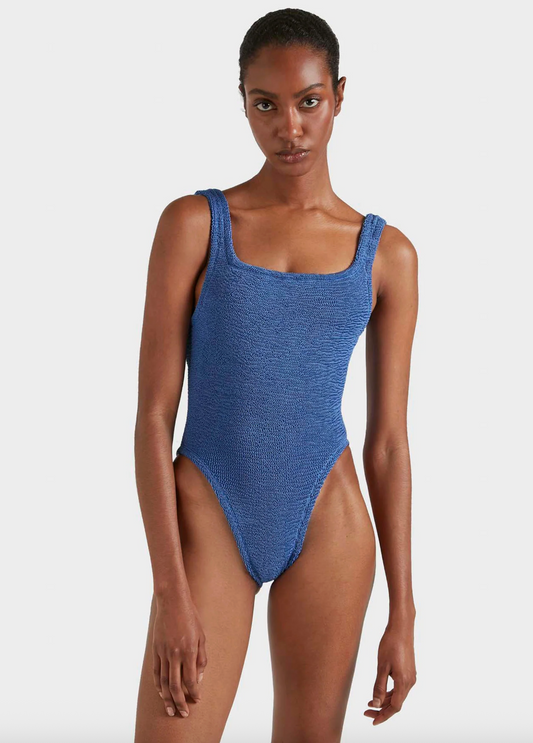 Square Neck Crinkle Swimsuit Metallic Denim