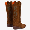 pair of tan suede cowboy boots on white background 