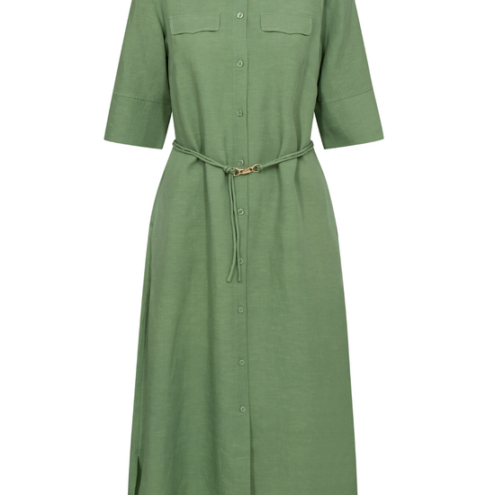 elbow length green shirt dress with belt and mid length