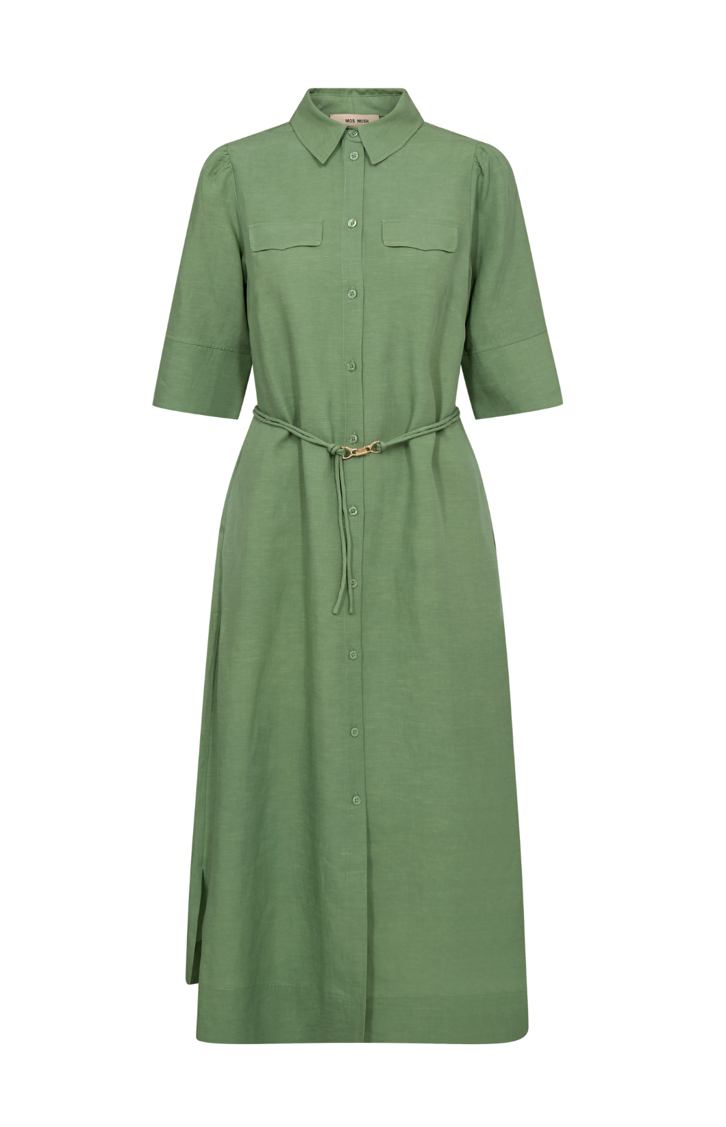 elbow length green shirt dress with belt and mid length