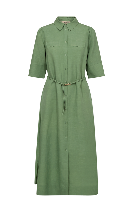 elbow length green shirt dress with belt and mid length