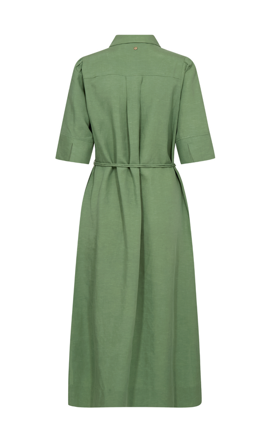 elbow length green shirt dress with belt and mid length