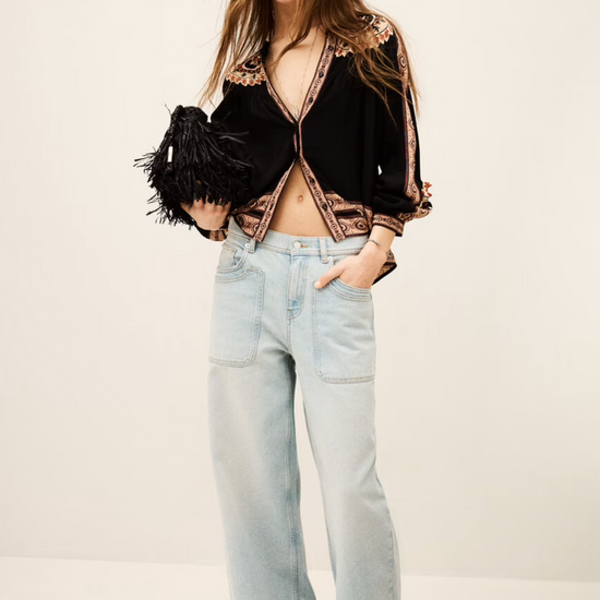 dark brown button down blouse with colourful paisley print from bash model 